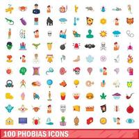 100 phobias icons set, cartoon style vector