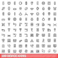 100 device icons set, outline style vector