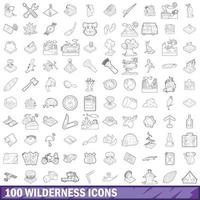 100 iconos de naturaleza salvaje, estilo de esquema vector