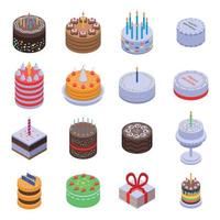 Cake birthday icons set, isometric style vector