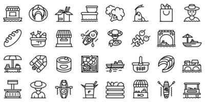 Floating market icons set, outline style vector