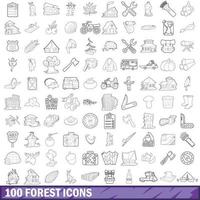 100 iconos de bosque, estilo de esquema vector