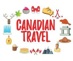 Conjunto de iconos de concepto de viaje canadiense, estilo de dibujos animados vector