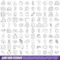 100 conjunto de iconos de posada, estilo de contorno vector