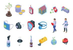 Active protection icons set isometric vector. Fire coding vector