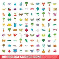 100 conjunto de iconos de ciencia biología, estilo de dibujos animados vector