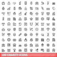 100 iconos de caridad establecidos, estilo de esquema vector