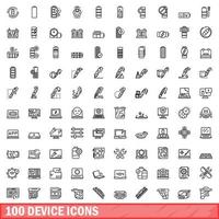 100 device icons set, outline style vector