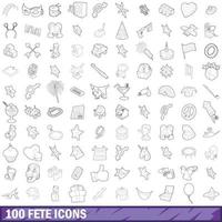 100 fete icons set, outline style vector