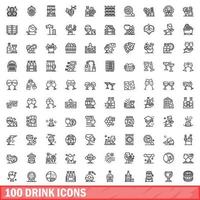 100 iconos de bebida, estilo de esquema vector