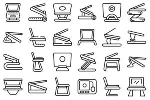 Laptop stand icons set outline vector. Compute work vector