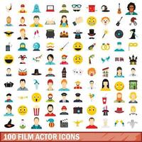 100 film actor icons set, flat style vector