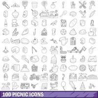 100 picnic icons set, outline style vector