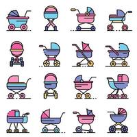 Pram icons set line color vector