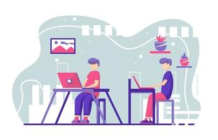 flat design illustration man working with laptop and books in office vector