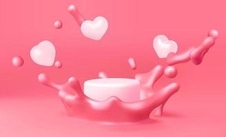 podio del corazón del amor del día de san valentín para el vector de plantilla de presentación del producto, ilustración 3d de salpicadura de leche de fresa