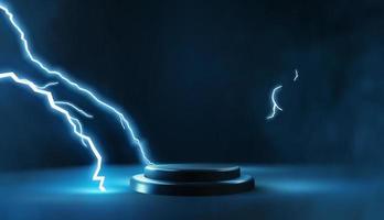 Dark empty podium scene for product presentation with blue dramatic glowing lightning strike vector