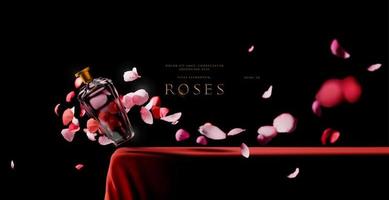 Red luxury platform or podium scene with beautiful flying rose petals. product placement realistic vector template