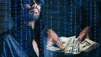 The concept of hackers and insecurity in networking. Dishonest hood man or data thieves photo
