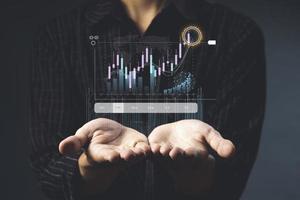 Business intelligence analyst dashboard on virtual screen. Big data Graphs Charts. photo