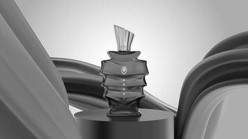 Elegant black and white stylized glass perfume bottle 3d realistic vector scene illustration. premium cosmetic branding ads presentation layout template