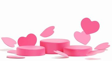 Cute beautiful pink realistic heart shaped podium for valentine's day product display presentation with decorative falling paper hearts vector template