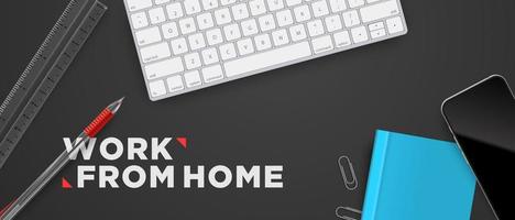 Work from home top view school objects. flat lay office desk workspace realistic vector background