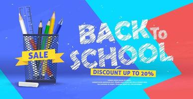 Back to school 3d trendy cute colorful sale banner illustration vector
