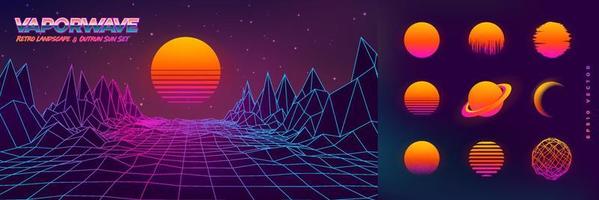 Futuristic neon retrowave background. Retro low poly grid landscape mountain terrain with set of glowing outrun sun vector illustration template