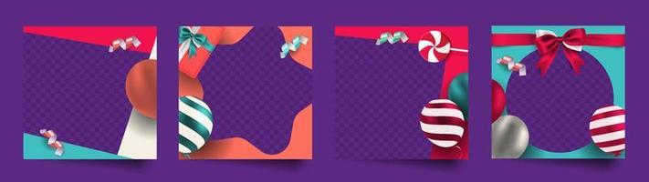 conjunto de plantilla de borde de marco de publicación de redes sociales de celebración colorida de moda con globo decorativo realista 3d, caja de regalo y vector de confeti de cinta