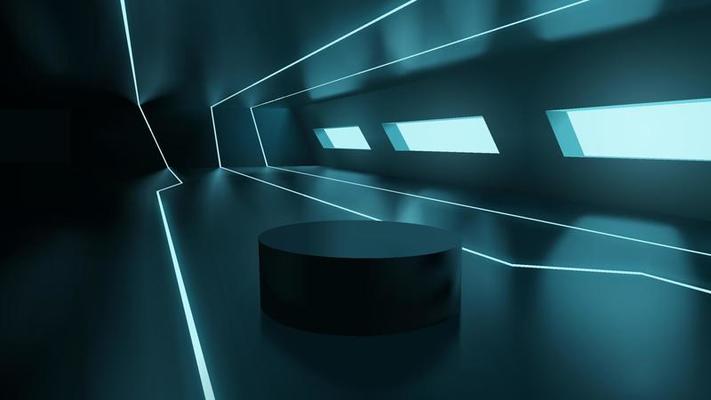 Neon podium or pedestal for product display showcase presentation template. abstract blue neon futuristic sci-fi style interior design realistic vector