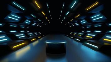 Neon futuristic podium or platform scene for product presentation, sci fi futuristic corridor interior illustration realistic vector