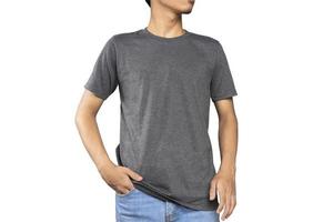 man wearing a gray casual t-shirt. Front view of a mock up template for a t-shirt design print photo