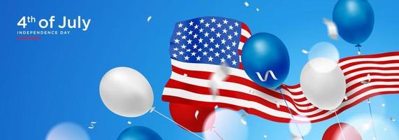 4th of july USA independence day celebration banner with wavy flag, balloon and confetti 3d vector template