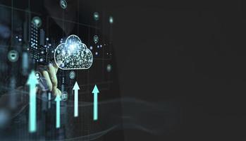 Hand touching cloud system technology with data protection dark background photo