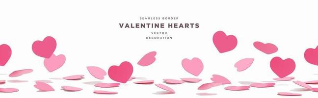 Beautiful realistic falling hearts decorative seamless border frame vector template for valentine's day, marriage, love events