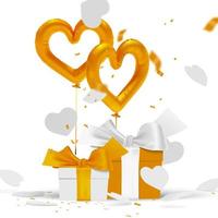 ilustración de celebración del día de san valentín de lujo mínimo blanco y dorado con caja de regalo y fondo de vector de confeti