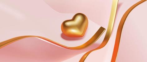 Valentine's day luxury illustration background, pink and gold 3d realistic wavy abstract render vector