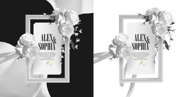 Elegant minimal 3d realistic wedding invitation frame with beautiful white floral roses wreath illustration vector