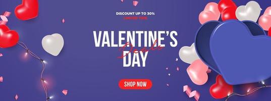 trendy valentine's day sale banner template vector. 3d realistic flat lay party arrangement with heart shaped box, confetti and lights background vector