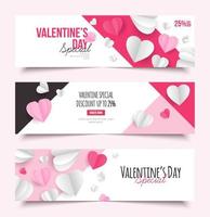 venta del día de san valentín conjunto de banners horizontales, marco de fondo de amor geométrico plano con corazones de papel plantilla vectorial eps10 vector