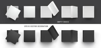 Set of 3d realistic black and white empty box top view vector elements, product packaging mockup template