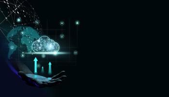 Hand holding cloud system technology with data protection dark background photo