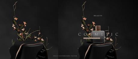 Dark elegant podium scene for product presentation with realistic decorative flowers and branches still life style. professional product display placement template vector