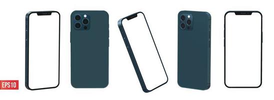 conjunto de maquetas vectoriales realistas 3d de color azul pacífico iphone 12 pro max