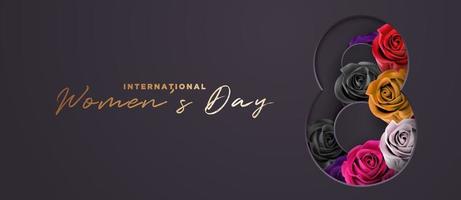elegante lujo negro y dorado con colorida flor rosa 8 de marzo día internacional de la mujer banner plantilla de fondo vector