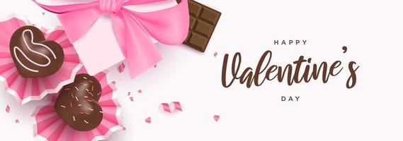 Happy valentine's day banner with cute heart desserts, chocolate bar, gift box background template vector illustration