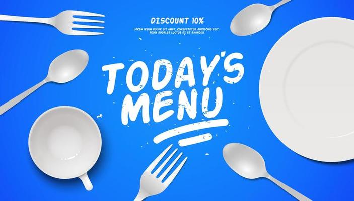 Today's menu culinary flat lay banner frame illustration with realistic 3d fork and spoon vector