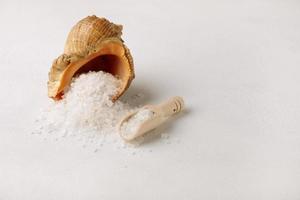 Organic spa sea salt, shell from the sea and a wooden scoop photo