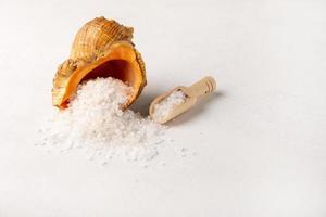 Organic spa sea salt, shell from the sea and a wooden scoop photo